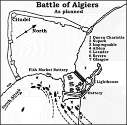 Battle plan for the Battle of Algiers 1816. The bombardment lasted eight hours.